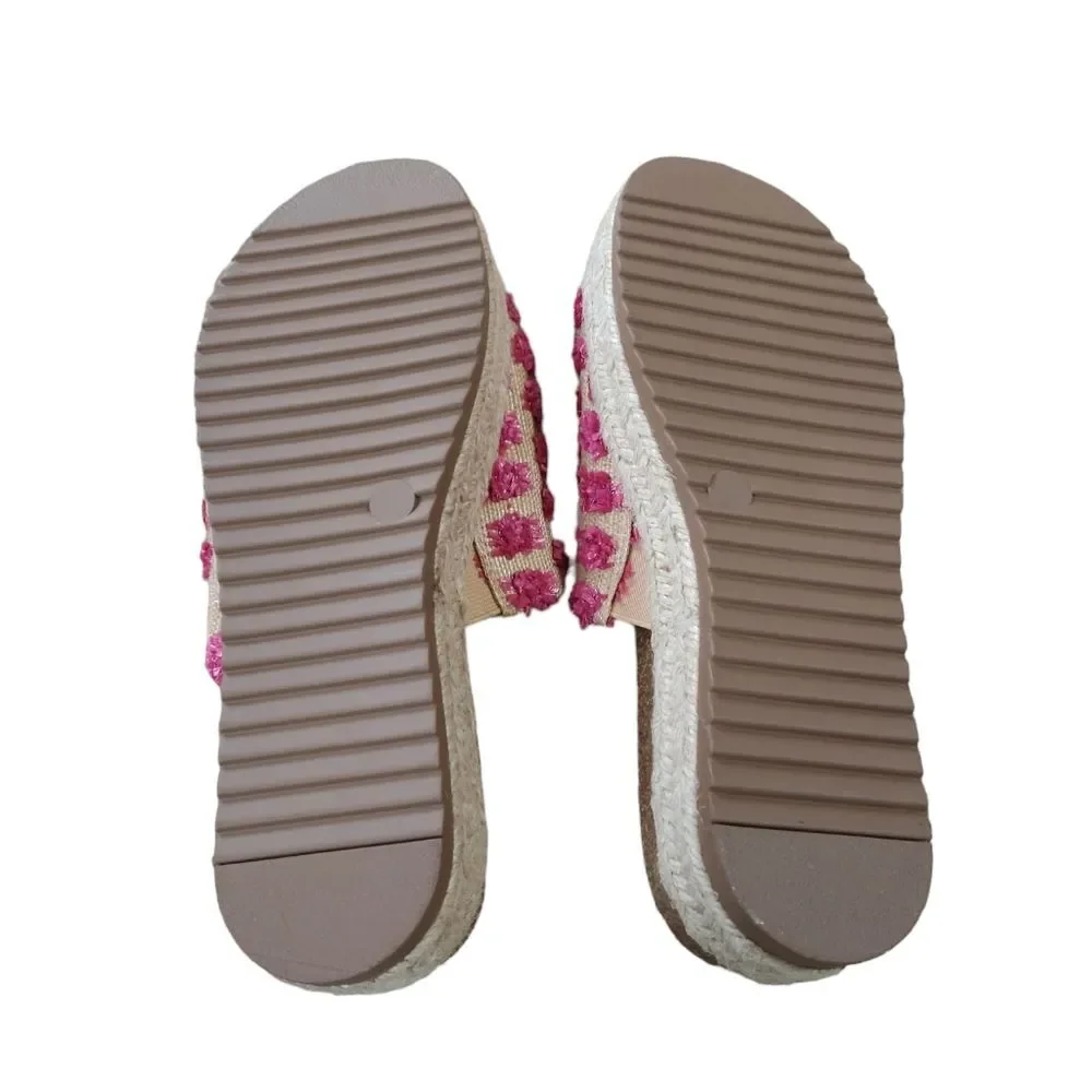 New Bella Vita Woman's Raffia Flatform Espadrilles Pink Poms Size 8 Wide Wide